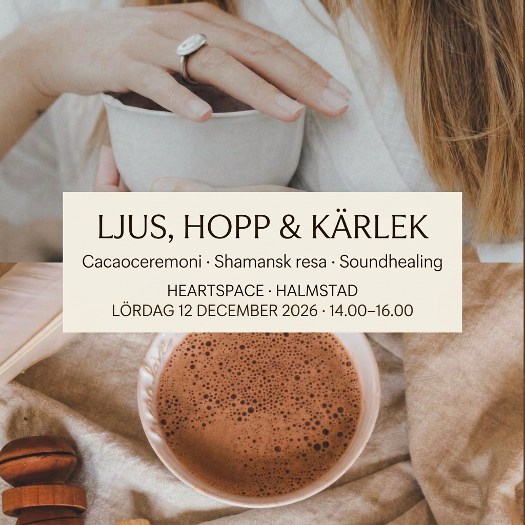 Ljus, Hopp & Kärlek – cacaoceremoni på Heartspace i Halmstad, lördag 12 december 2026 kl. 14–16.